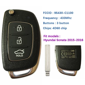 CN020093 Pôvodnej 3 Tlačidlo roku 2015 Hyundai Sonata Auto Flip Tlačidlo Diaľkového Frekvencia 433MHz 4D60 Čip 95430-C1100 LE-433-EÚ-TP
