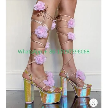 dámske platformy dúhové sandále čipky kvetinový blok námestie päty každodenné obuv obuv boho sandále plus veľkosť sexy veľkosť