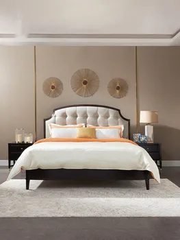 Americká ľahká luxusné kožené dvojlôžková spálňa moderný minimalistický masívneho dreva posteľ ryža svadobné lôžko high-end nábytok