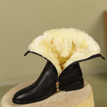 2022 Európskej zimné topánky, prírodná koža teplé čižmy 22-24.5 cm Kožušiny jeden cowhide+vlna polovici teľa, topánky na strane, zips Vlnené topánky