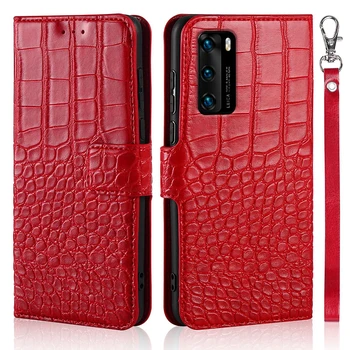 Flip Telefónu Prípade Huawei P40 Kryt Originál Krokodíla Textúry Kože Knihy Dizajn Luxusné Coque Wllet Capa S Popruh
