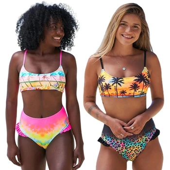 2022 Nové Módne Prehrabať plavky Dva Kusy Plavky Coconut Tree Tlač Plavky Vysoký v strede zúžený Bikini Set pre Ženy, Dievčatá