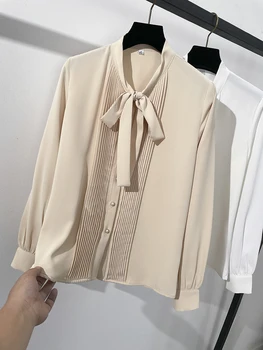 Skladaný Pevné ženy tričko pearl tlačidlá sveter s dlhým rukávom jeseň motýlik krku blúzky biela zena top elegantné oblečenie 2022