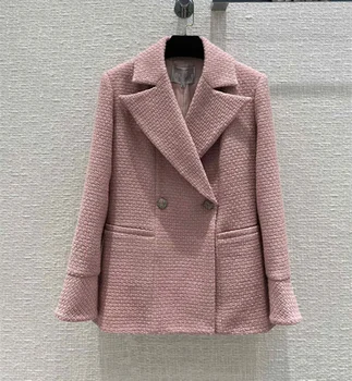 Nové Európske a Americké dámske oblečenie na zimu 2022 Dlhým rukávom double-breasted vyhovovali ružová golier módne tweed kabát