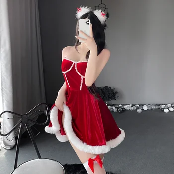 backless ženy sexy party princess mini vianočné šaty červené santa bielizeň cosplay bez rukávov kostýmy exotické oblečenie 2ECF
