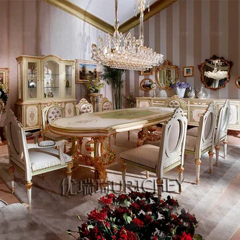 Európsky štýl dlho, jedálenský stôl masívneho dreva vyrezávané kolo rohu dlho, jedálenský stôl francúzsky villa luxusné high-grade maľované stoličky