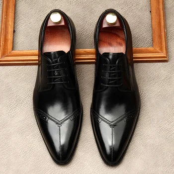 Veľkosti 6 Až 12 Pánske Šaty Topánky Pravej Kože Formálne Topánky Ukázal Prst Čipky Business Oxford Obuv Black Brown Luxusná Obuv