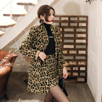 Na jar a na jeseň oblečenie pre ženy temperament prímestských voľné vyhovovali golier leopard tlač malé vyhovovali package hip sukne dvoch-dielny