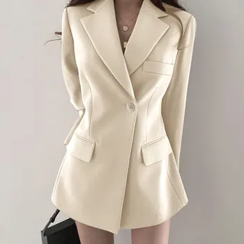 Jeseň Elegantné Kórejský Dlho Ženy Sako Bunda Office Lady Bežné Slim Oblek Blejzre Bieleho Plášťa Pevné Práce Žien Vrchné Oblečenie 2022