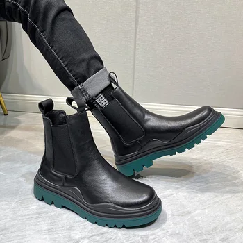 Anglicko štýl muži móda chelsea boots black značky návrhár obuvi kovboj originálne kožené boot platformu členok botas masculinas