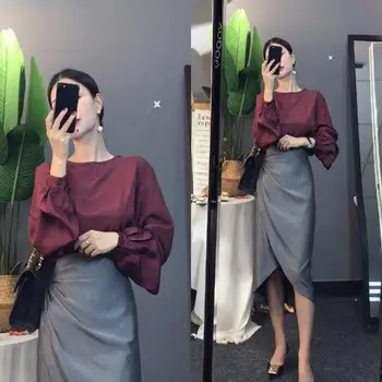 2021 Jeseň Oblečenie Dve Kus Setnew módne Trúby sleeveWomen Tričko+Vysoký pás A-lineButtocks Sukne kórejský úrad Módne Farby