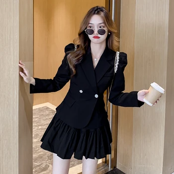 2021 Jeseň Fashion Nový Kórejský Temperament Vyhovovali Ženy Lístkového Rukáv Diamond Sako + Mini Sukne Dva-Dielna Sada