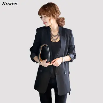 Ženy ležérne sako s dlhým rukávom čierna bunda žena s drážkou golier kabát dlhý štýl, blejzre feminino formálne office dámy outwear